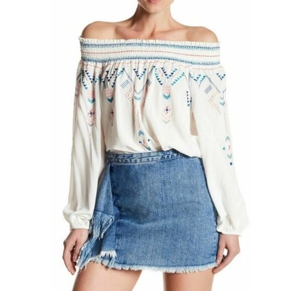 Parker off-shoulder embroidered boho Size Small Long-sleeved Women's Top - Picture 1 of 11